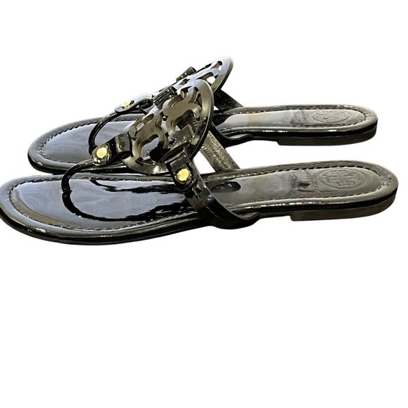SZ 9 Tory Burch Miller Patent Logo Embellished Sandals Flip Flops in Bla… - Picture 5 of 13